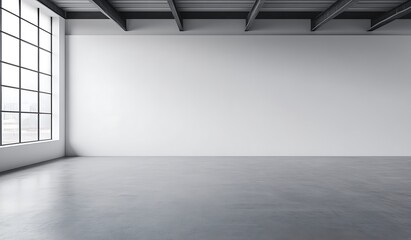 Leinwandbilder - A spacious, minimalistic room with a large window and blank white walls, featuring a concrete floor and exposed ceiling beams.