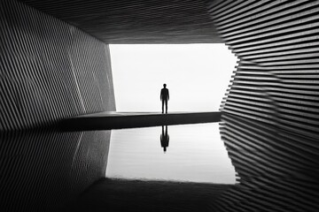Wall Mural - a man standing in a tunnel. the tunnel is dark and the man is wearing a hat. the tunnel is long and 