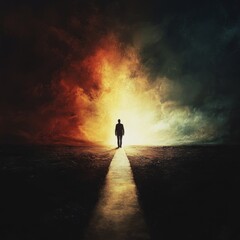 Wall Mural - A person standing at a crossroads, with one path leading to bright light and another to darkness, symbolizing the choice to persevere.