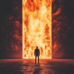 Wall Mural - a person standing in front of a wall of fire, representing determination to pass through challenges 