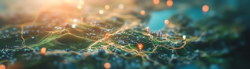 Fototapete - A vibrant, abstract representation of a digital landscape, showcasing interconnected lines and glowing particles against a blurred background.