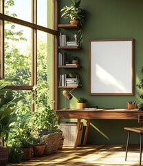 Poster - A cozy workspace featuring a wooden desk, plants, and a large window that brings in natural light, set against a green wall.