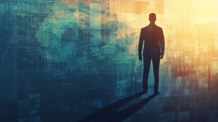 Wall Mural - A man is standing in front of a wall. The wall is blurry and has a lot of text on it