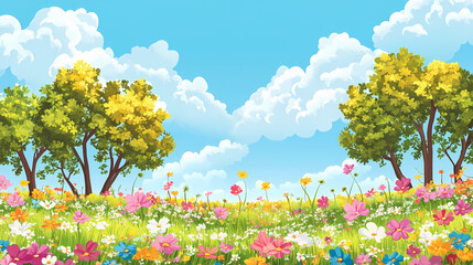 Wall Mural - Looney tunes background featuring a colorful array of flowers and trees under a blue sky with white clouds. Gossamer. Illustration
