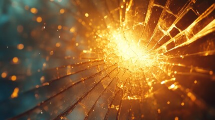 Wall Mural - A glowing scene with golden light shining through fractured glass, symbolizing resilience and beauty in imperfection