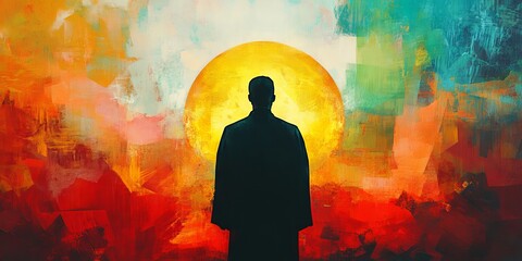 Canvas Print - a man stands in front of a large sun. the painting is full of bright colors and has a surreal feel t