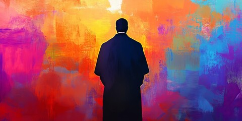 Canvas Print - a man is standing in front of a colorful wall. the man is wearing a black coat and he is looking at 
