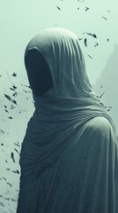 Canvas Print - a statue of a person wearing a hooded robe. the statue is surrounded by birds. the statue is made of