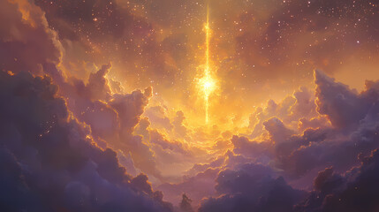 Wall Mural - Ethereal skyscape with gossamer clouds parting to reveal a radiant golden light suffusing the heavens suggesting a divine presence and spiritual awakening. Gossamer. Illustration