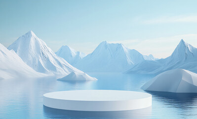 Wall Mural - Abstract white empty podium with snow-capped mountains on a blue water background for product presentation mock-up, cosmetic, or beauty product display scene. Minimalistic winter landscape. 