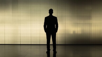 Wall Mural - a man is standing in front of a wall. he is wearing a suit and tie. the wall is made of glass