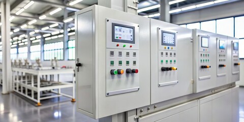 Industrial Control Panel Multiple Displays, Buttons and Switches in Factory Setting, Automation, Manufacturing Automation, HMI