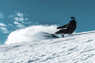 A snowboarder carving through fresh snow against a clear blue sky.