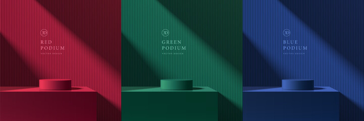 Wall Mural - set of 3d dark red, green and blue cylindrical podium with light and shadow background. minimalist m