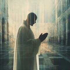 Poster - A silhouette of a man in prayer within a grand cathedral, bathed in ethereal light, highlighting the architectural beauty.