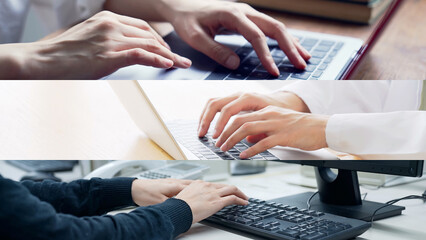 Aufkleber - laptop, pc, computer, information, cloud, work, woman, keyboard, hand, office, engineer, programming, typing, programmer, system, collage, title, template, advertisement, desk work, business, internet