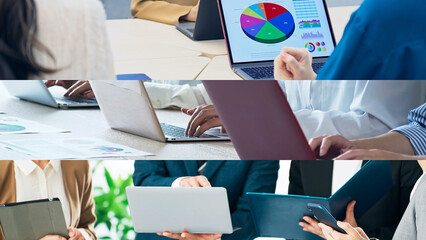 Poster - teamwork, business, meeting, work, team, laptop, pc, collage, company, dx, conference, communication, briefing, digital, digital transformation, ict, network, engineer, programming, programmer, group,