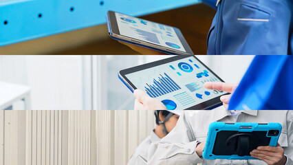 Aufkleber - tablet, dx, device, business, industry, engineer, worker, factory, inspection, check, maintenance, erp, system, graph, chart, woman, screen, collage, title, template, advertisement, equipment, manufac