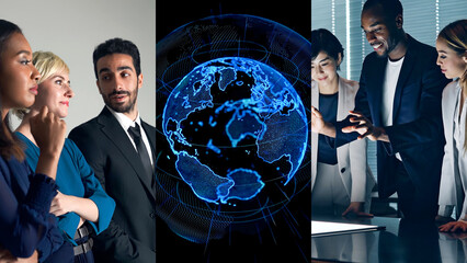 Poster - global, business, conference, team, meeting, businessman, teamwork, multinational, diversity, inclusion, communication, collage, advertisement, group, foreigner, japanese, asian, earth, world, oversea