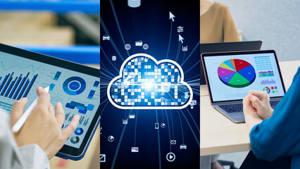 Aufkleber - cloud, cloud computing, business, network, technology, erp, dx, digital transformation, ai, screen, software, system, analysis, science, office, tablet, pc, laptop, display, collage, iot, ict, digital