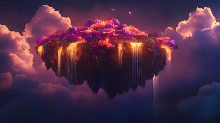 Wall Mural - Floating island with vibrant flora, waterfalls, and glowing lava.