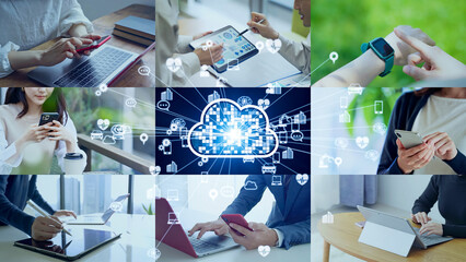Fototapete - cloud computing, cloud, network, communication, technology, mobile, erp, collage, dx, digital transformation, smartphone, smart phone, app, tablet, system, saas, iaas, paas, software, personal compute