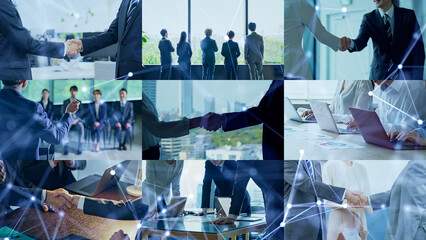 Poster - business, handshake, shaking hands, network, connection, connect, teamwork, cooperation, blockchain, block chain, deal, customer, business negotiation, collage, title, advertisement, human resources, 