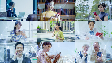 Aufkleber - ネットワーク、スマホ、テクノロジー、ビジネス、スマートフォン、モバイル、人々、日本人、ユーザー、通信、5G、アプリ、IoT、internet of things、ICT、DX、デジタル、デジタルトランスフォーメーション、未来、技術、コラージュ、タイトル、テンプレート、イメージ、広告、コミュニケーション、回線、電波、ブロックチェーン、インターネット、オンライン、web、操作、ソーシャル、メディア、S