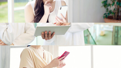 Aufkleber - smartphone, smart phone, mobile, tablet, collage, woman, medical, app, search, internet, online, web, dx, iot, ict, internet of things, data, digital, digital transformation, terminal, device, reserva