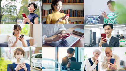Aufkleber - スマホ、スマートフォン、携帯電話、人物、モバイル、IoT、5G、通信、アプリ、検索、コラージュ、タイトル、テンプレート、イメージ、広告、男性、女性、日本人、シニア、動画、操作、ユーザー、料金、ビジネスマン、主婦、笑顔、電波、回線、繋がる、ネットワーク、コミュニケーション、テレコミュニケーション、ゲーム、ソーシャル、メディア、ニュース、拡散、SNS、トレンド、流行、話題、メール、テレマーケティング、