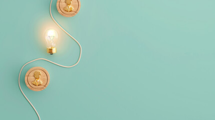 Canvas Print - Glowing light bulb connected with wooden icons on a blue background