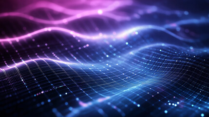 Wall Mural - Futuristic Abstract Background with Dynamic Wavy Grid and Glowing Blue-Purple Gradient Design