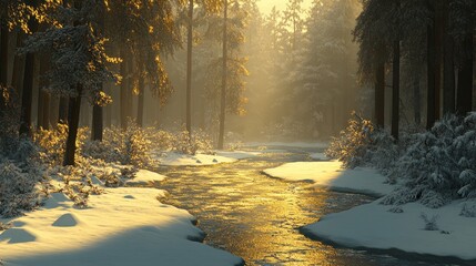 Canvas Print - Golden Sunlight Illuminates Snowy Winter Forest Stream