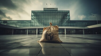 A modern government building with a sleek design, juxtaposed with a giant money bag in the foreground, representing the influence of business and finance on political decisions. 