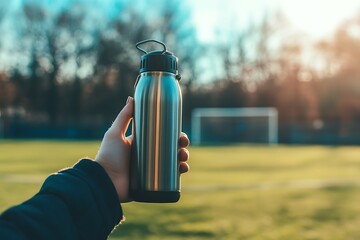 Wall Mural - A person holding a stainless steel water bottle in a sports field setting.