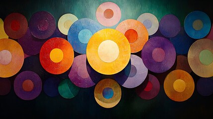 Wall Mural - Vibrant Artistic Backdrop Featuring Swirling Patterns of Colorful Circles in Various Sizes Against a Rich Textured Background