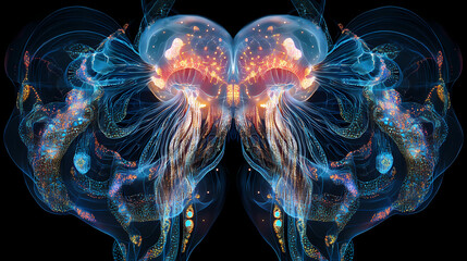 Wall Mural - Ethereal luminescence an immortal jellyfish adorned with bioluminescent patterns generative ai. Immortal. Illustration