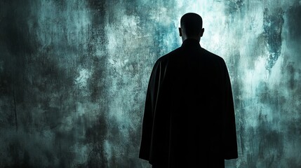 Canvas Print - A man in a black coat stands in front of a wall. The man is wearing a cape and he is a superhero. The wall is covered in graffiti and has a dark, moody atmosphere