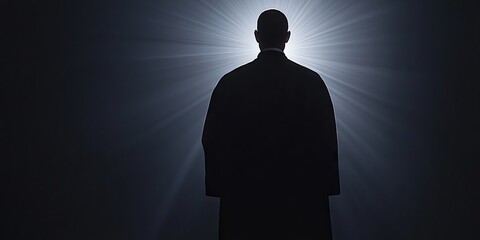 Canvas Print - a man is standing in the dark with his back to the camera. he is wearing a suit and he is in a state