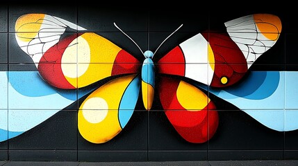 Wall Mural - Colorful and Vibrant Butterfly Mural on Street Wall Showcasing Symmetrical Design with Bold Shapes and Bright Colors Creating an Eye-Catching Urban Art Experience