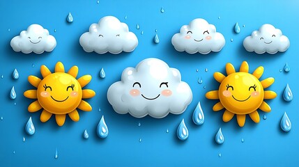 Wall Mural - Whimsical Doodles of Clouds, Raindrops, and Smiling Suns in a Vibrant Blue Background, Perfect for Children's Projects and Playful Themes