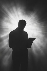 Wall Mural - A man is reading a book in a dimly lit room. The room is filled with smoke, creating a mysterious and eerie atmosphere
