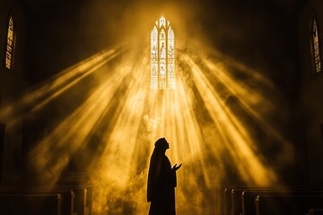 Poster - A silhouette of a person praying inside a church, illuminated by dramatic sunlight streaming through stained glass windows.