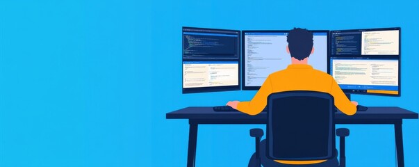 A programmer working on multiple screens displaying code.