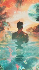 Canvas Print - a man is in the water. the water is blue. the sky is orange