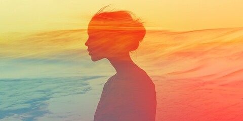 Canvas Print - a woman's silhouette is shown in a colorful background. the background is a mix of blue, red, and ye