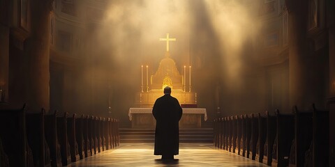 Poster - A priest stands in a majestic church, illuminated by sunlight streaming through stained glass, highlighting the altar and cross.