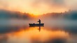 © ProStockGallery - Solitary Fisherman in Misty Sunrise Serene Lake Fishing Scene at Golden Hour