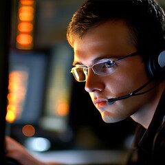 Poster - Handsome male technical support operator working at his workplace in call center office.