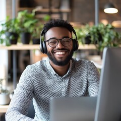 Poster - Man, portrait and computer with headset for crm, customer service and telemarketing and call center. Office, smile or technology for communication for help, support and male person or agent for sales